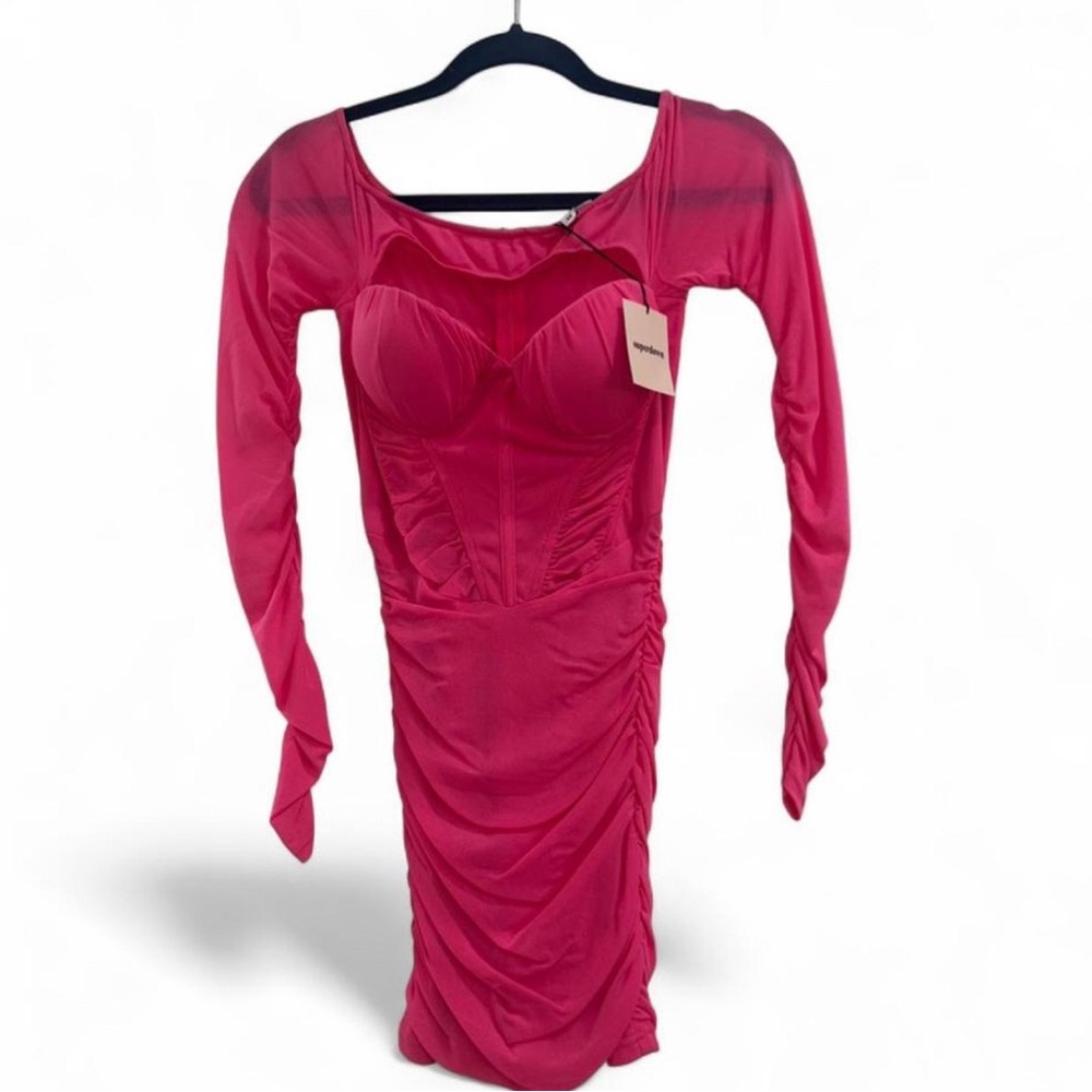 superdown Fuchsia Long-Sleeve Ruched Bustier Bodycon Dress